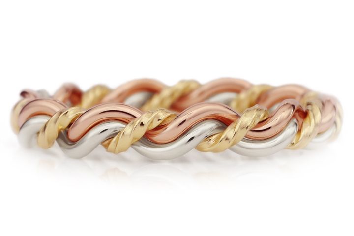 Tri-Tone Cord of Three™ Love Wedding Ring in Platinum and Rose Gold Tri-Tone Cord of Three™ Love Wedding Ring in Platinum and Rose Gold, Couple Strands: Platinum / 14k Rose Gold, Love Strand: 18k Yellow Gold
