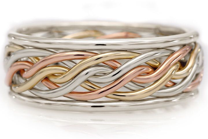 Six Strand Open Weave Ring With Outer Bands - Tri-Tone Braid In 14k Rose Gold, 18k Yellow Gold & Platinum, Braid Width (~8.1mm Shown): OB620VUTT (~7.1mm with Outer Bands), Outer Band Metal: Platinum, Outer Band Style: Round Outer Bands