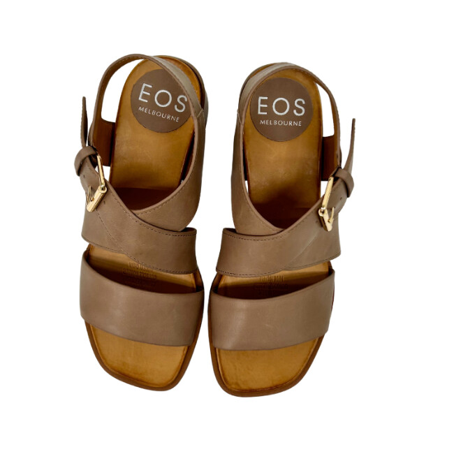 Front view of a pair of taupe colored sandals.  Open toe and heel with an adjustable backstrap