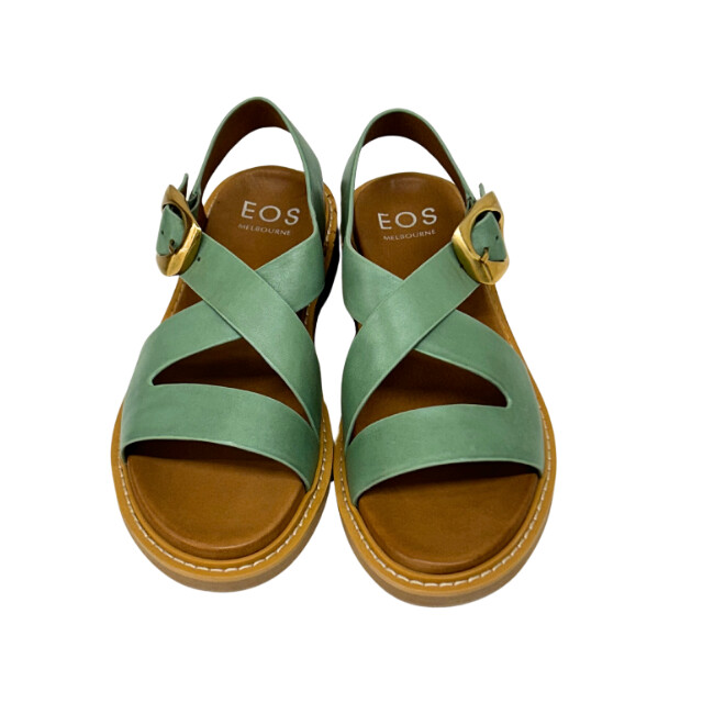Front view of a pair of flat sandals in a sage green leather.  