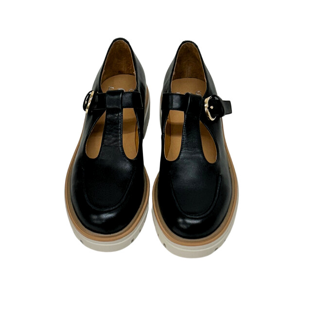 Front view of a pair of T-strap shoes with closed toe and heel.  A great cross between a full shoe and sandal.  Shown in black leather