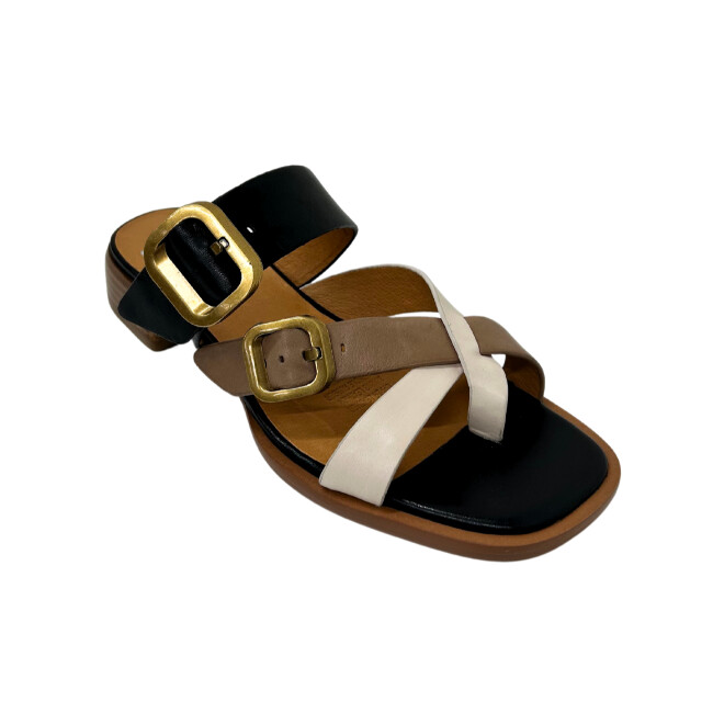 Angled front view of a strappy slide with toe post