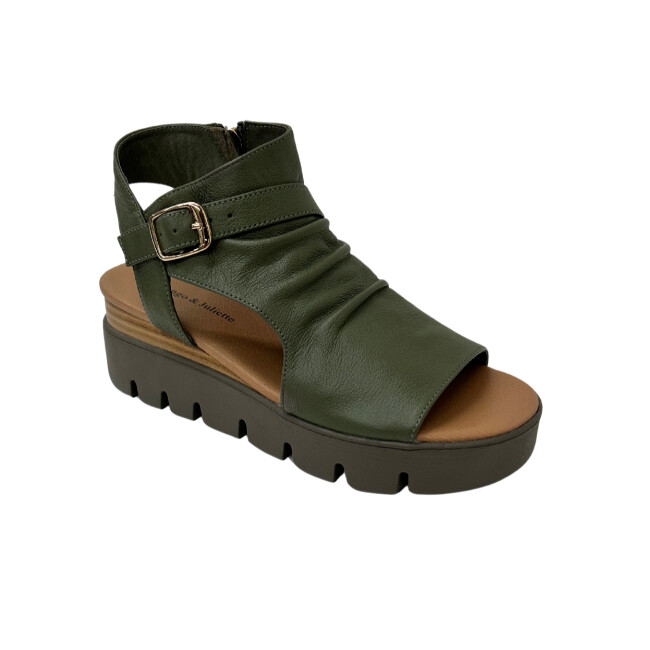 Angled front view of a euro sandal in a dark khaki green.