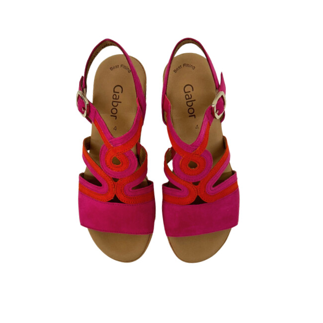 View of a pair of sandals in a combination of fuchsia and orange leather