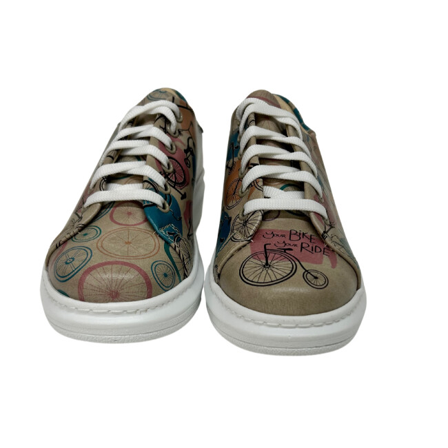 Pair of super fun sneakers with a painted surface and white sole.  Laces  in front