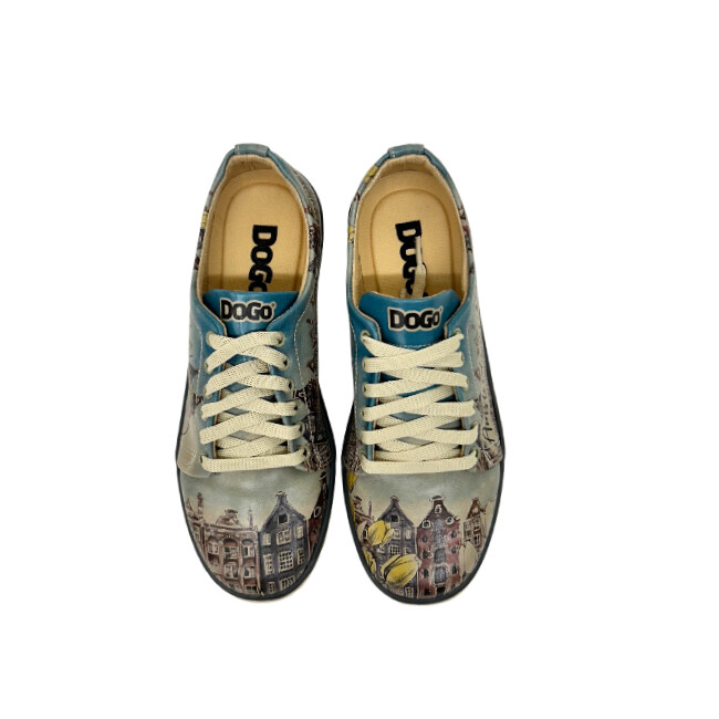 Front view of a pair of sneaker with a painted pattern called Amsterdam.  Blue/gray tone overall to shoe with painted details of the city of Amsterdam