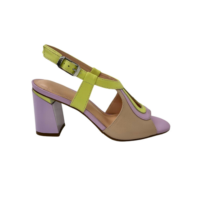 Outside view of a unique dressy sandal in a combo of cream, lilac, lime green patent leather