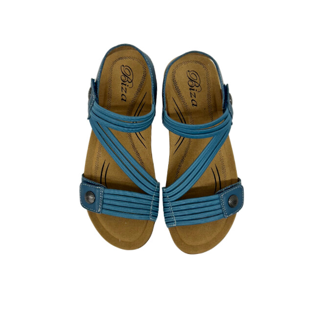 Top down view of a pair of blue walking shoes.  Open toe and heel with back strap and 2 adjustable velcro closures.
