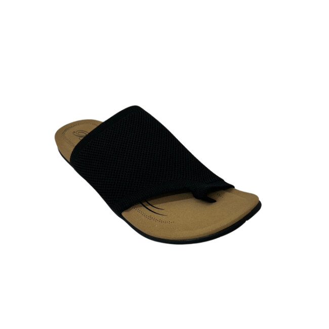 Angled front view of a simple, flat sandal with an elastic upper.  Super easy to slip on.  Toe loop