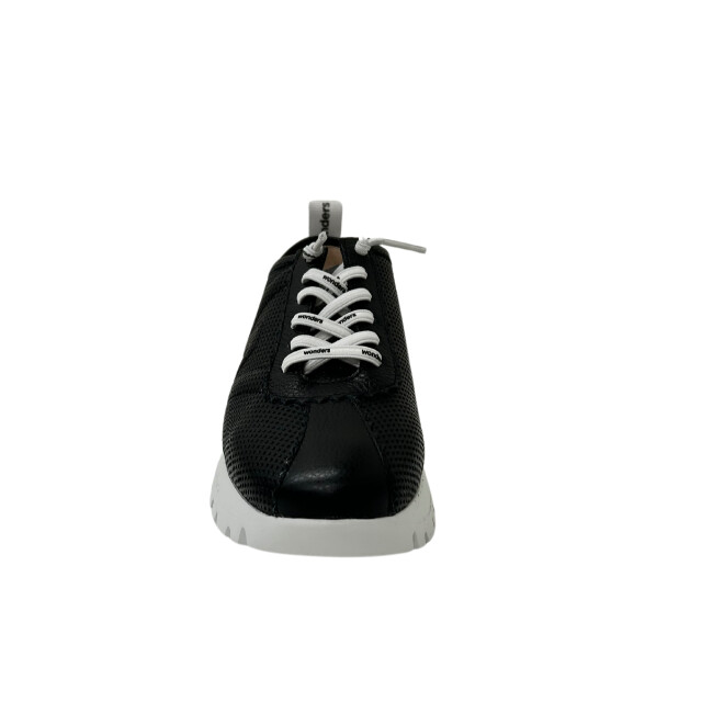 Front view of black leather sneaker with white sole and white elastic laces.  Slip on