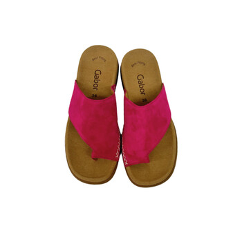 View of both slip on sandals side by side.  Fuchsia leather upper