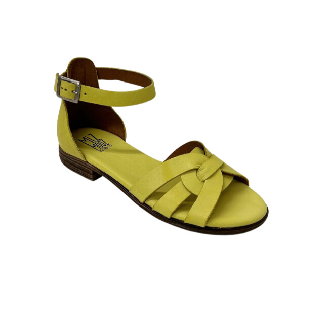 Angled front view of a flat sandal.  Open toe and closed heel with an ankle strap.