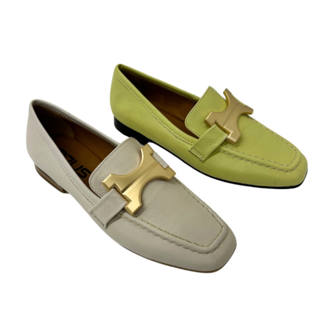 View of a loafer in both a lime green and a neutral bone/grey.