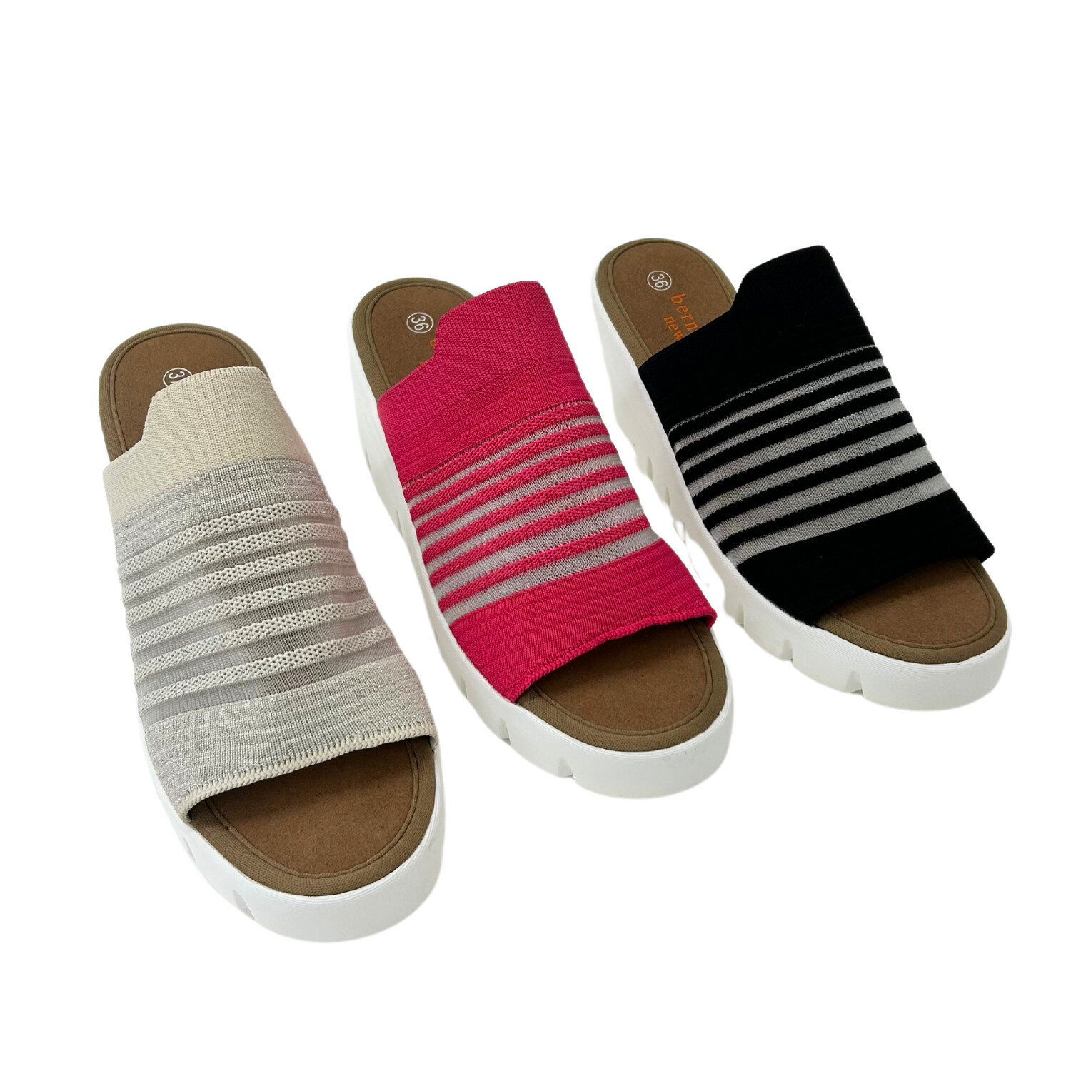 Angled front view of a vegan wedge shoe in 3 colors - nude/silver, black, fuchsia