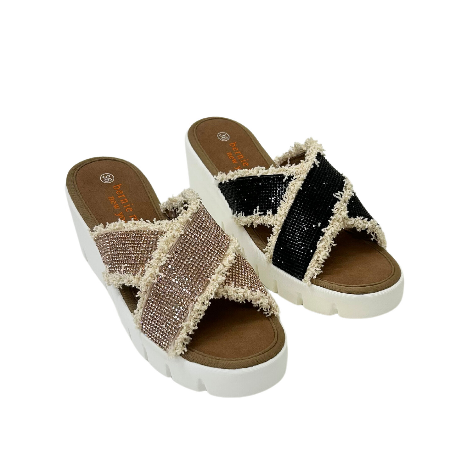 Funky wedge slides for beach or boardwalk.  Cross straps feature crystals and frayed edges.