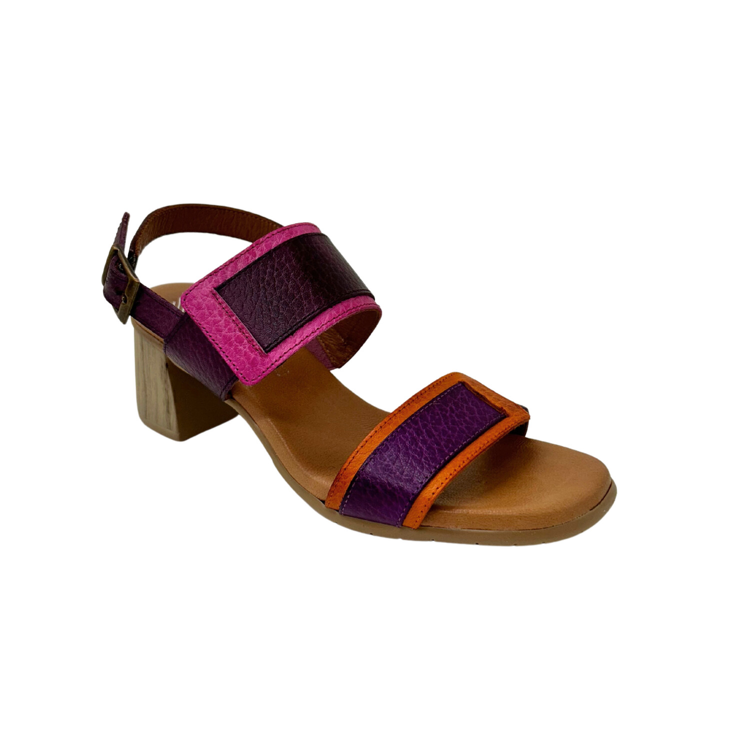 Angled side view of open toed sandal.  Wide straps at forefoot and top of foot plus adjustable ankle strap