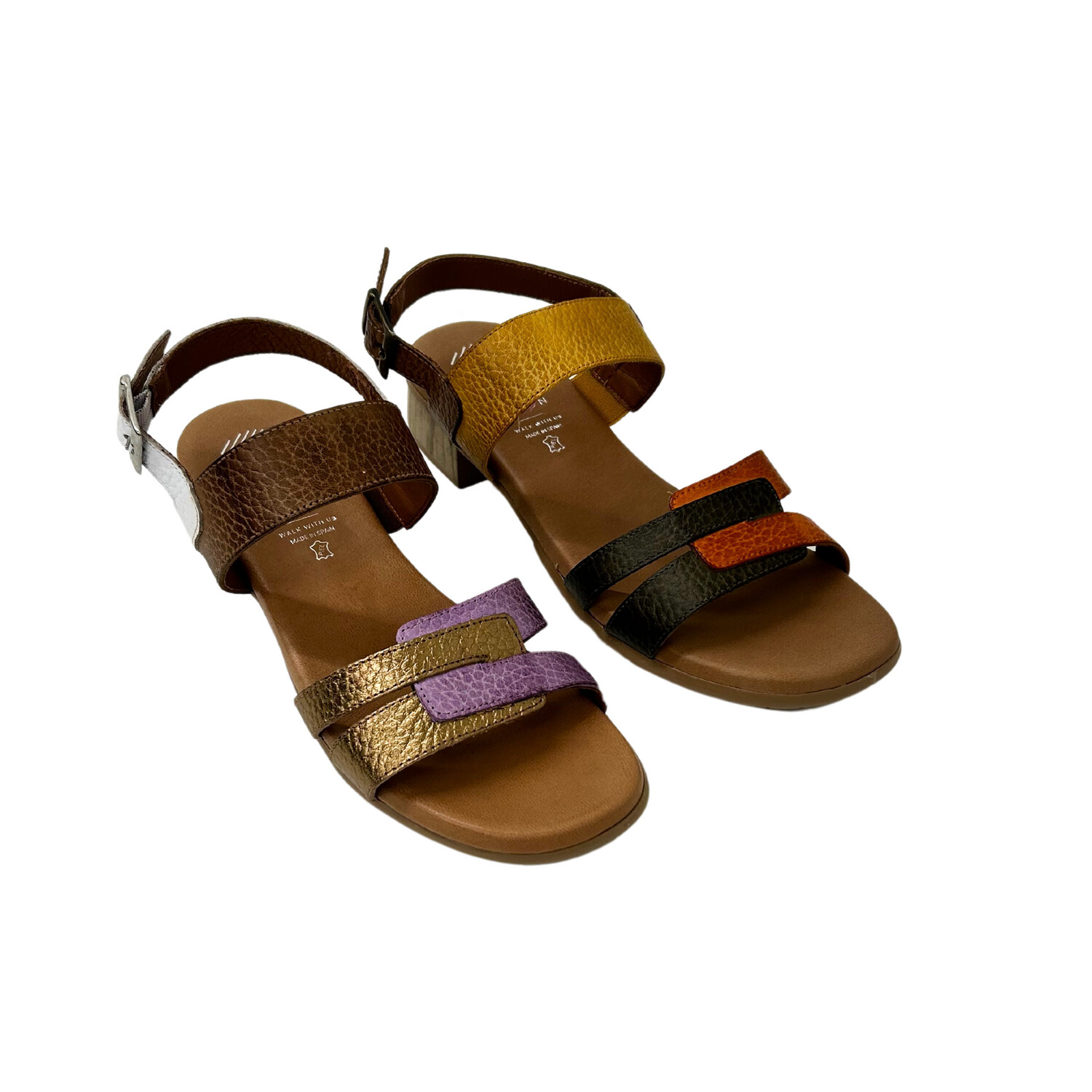 Dressy sandal shown in 2 color options.  Pewter/black and black/golden yellow/red