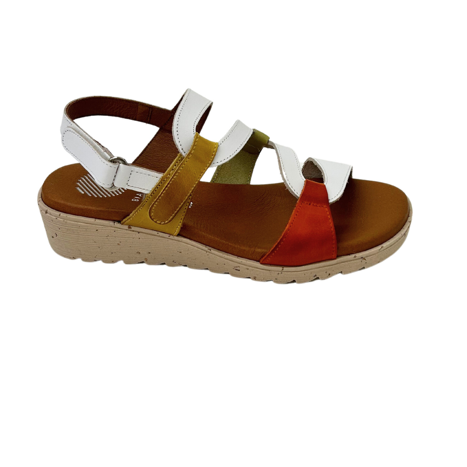 Outside of right show.  Multi colored sandal with hook and loop design