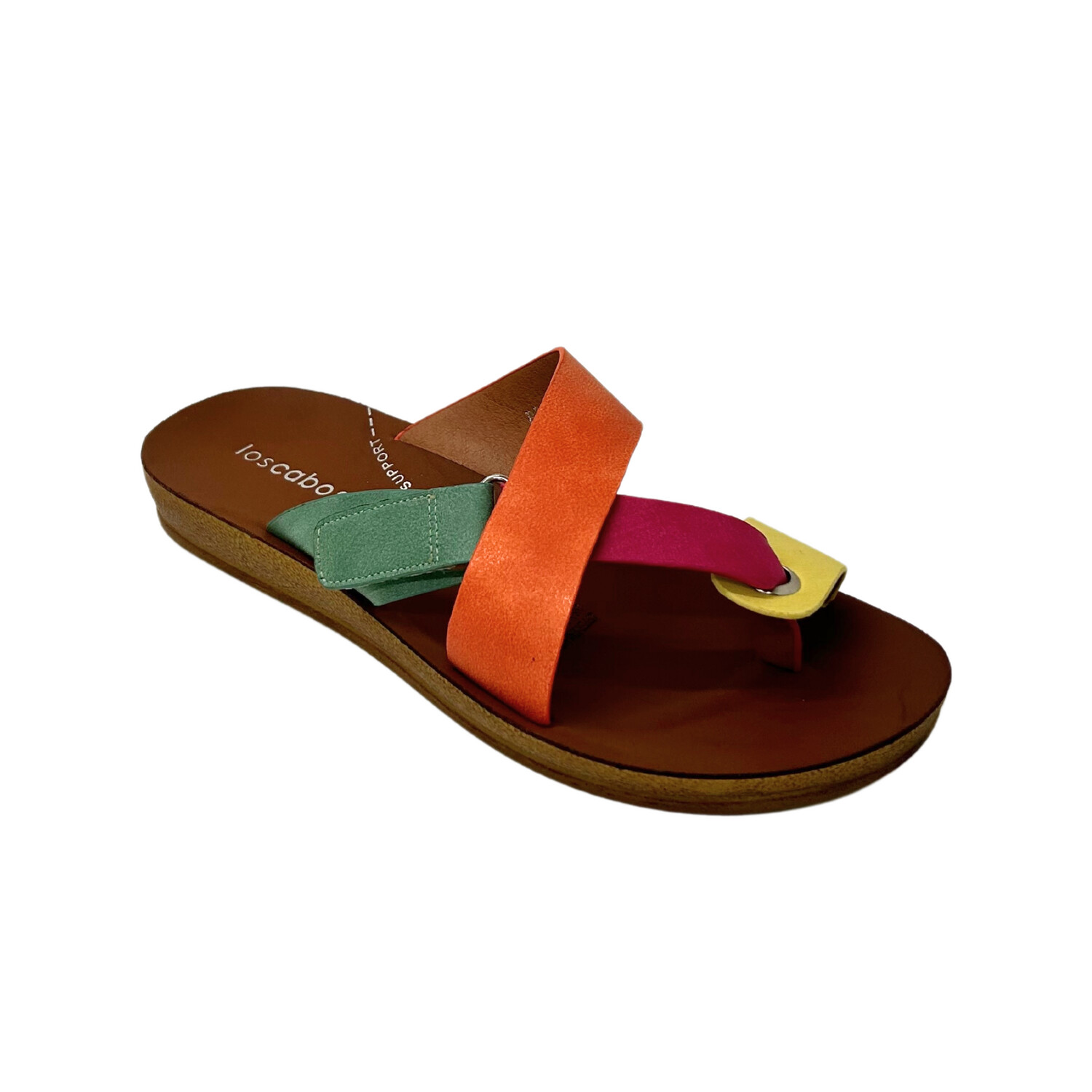 Angled front view of a casual, flat sandal with multi colored straps in fuchsia, orange and green.  Man made upper and sole