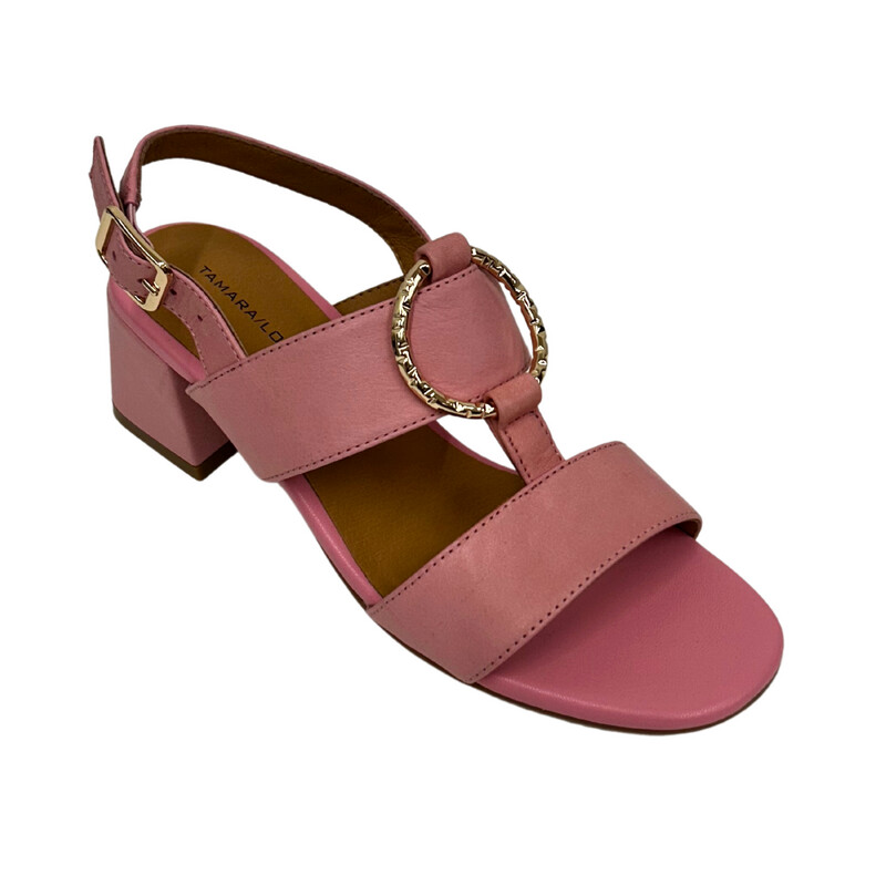 Angled front view of a leather sandal in a beautiful pink color.  Heel  is also wrapped in the same leather so shoe looks fluid from top to bottom.