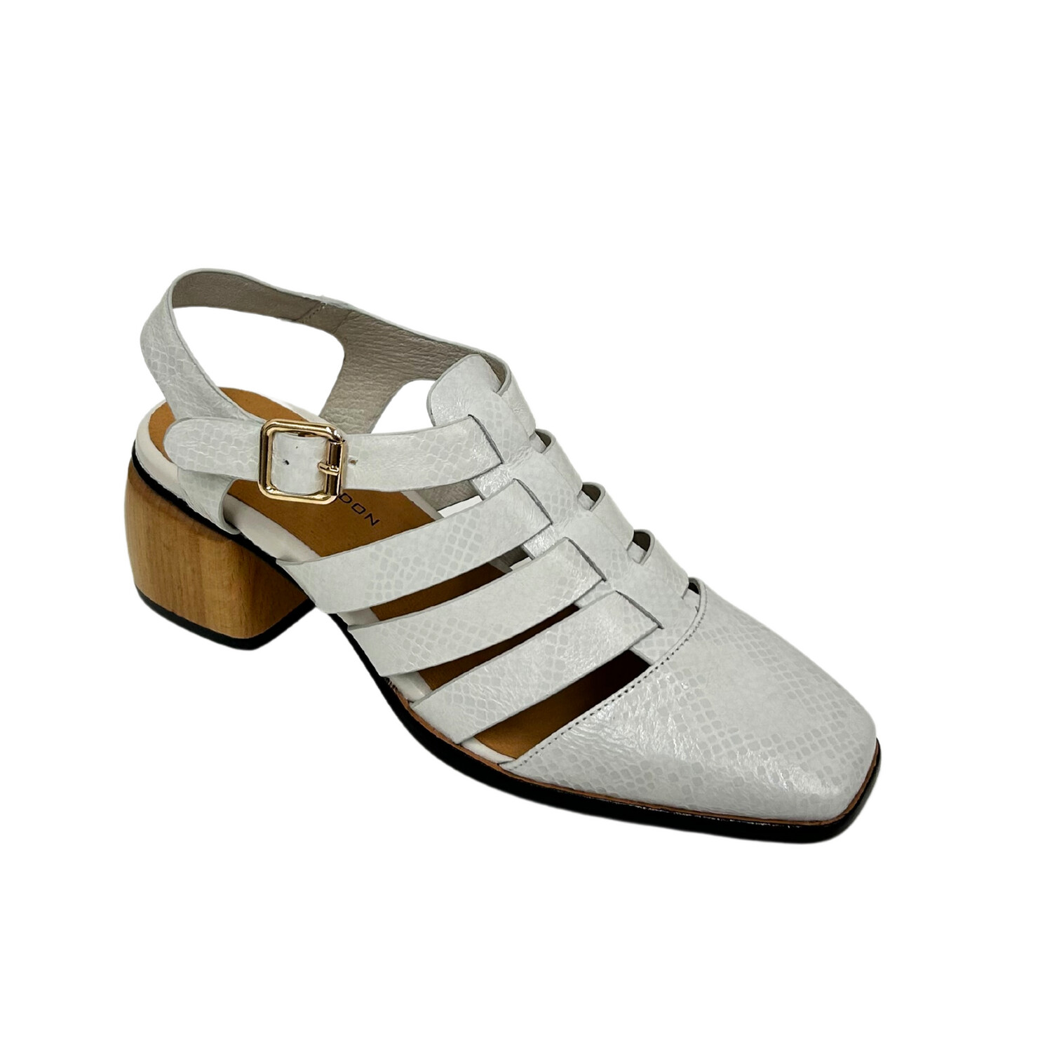 Angled front view of an upscale Fisherman sandal.  Shown in a soft bone white leather