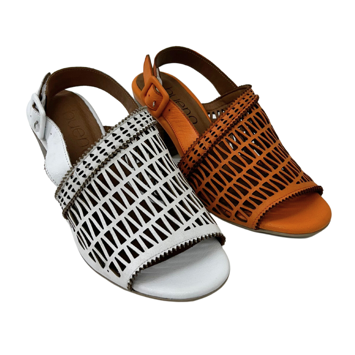 Angled view of a low heel sandal shown in white and apricot.