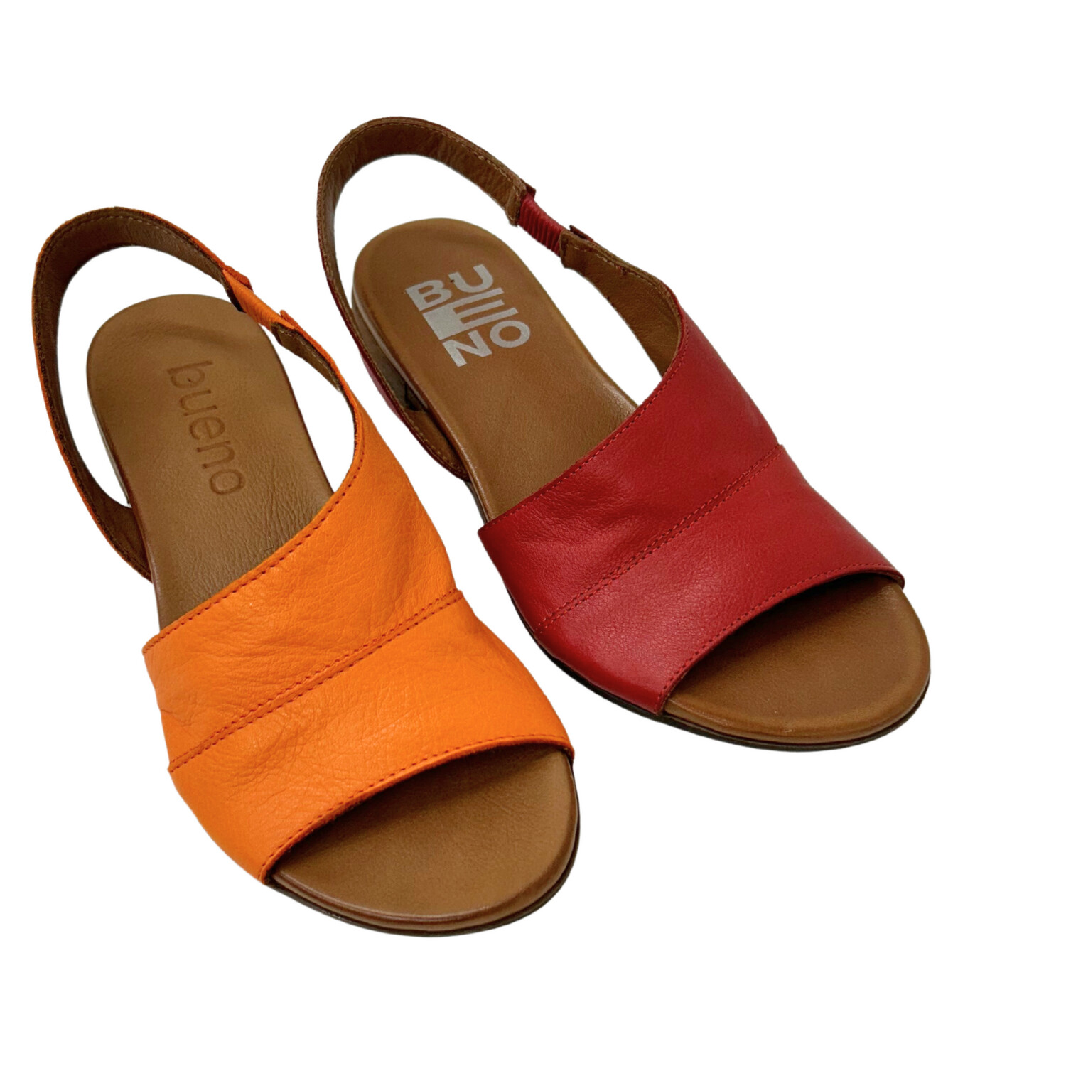 View of a flat sandal in both a red leather and apricot leather