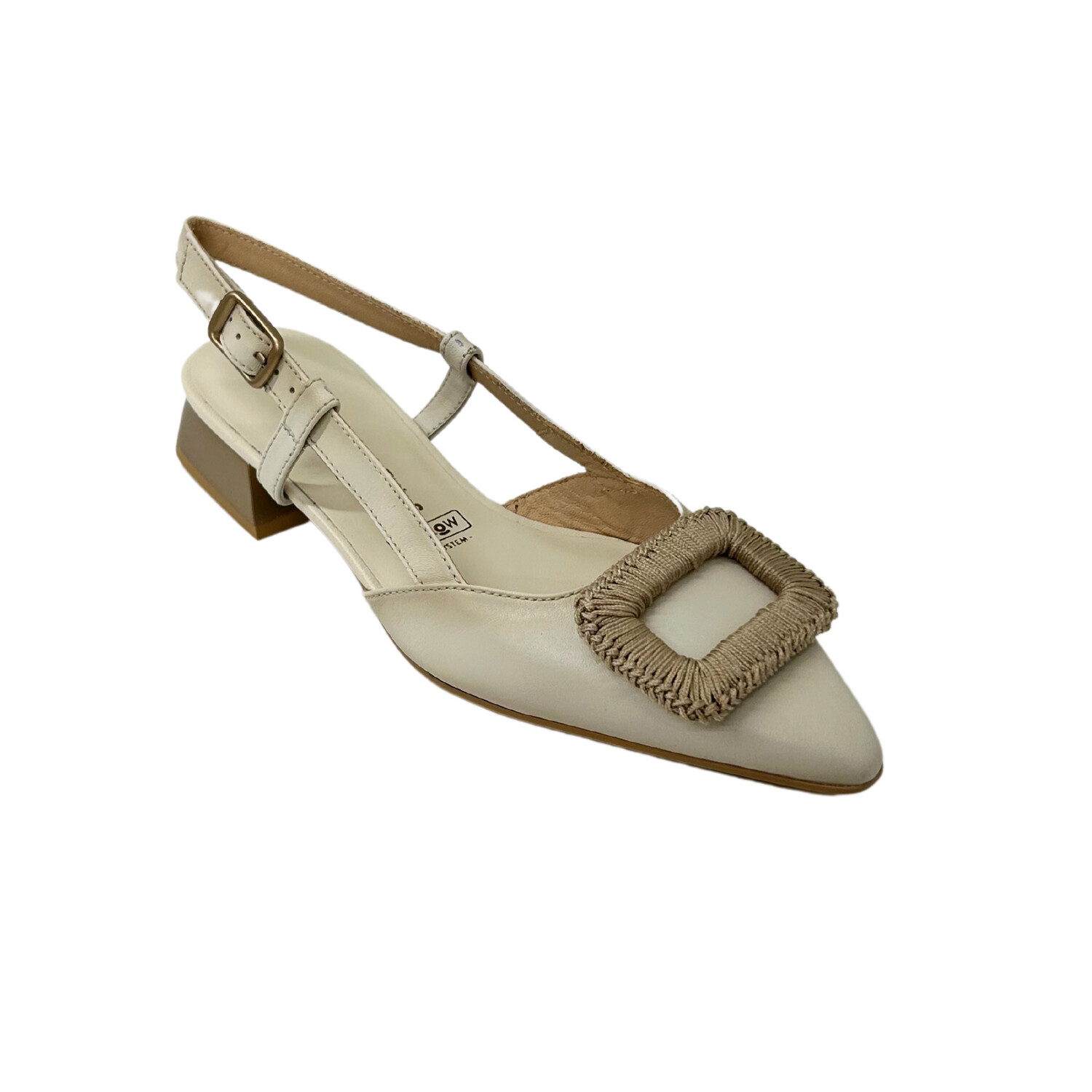 Angled front view of a delicate sandle in a cream leather with a beautiful wrapped buckle detail at forefoot.