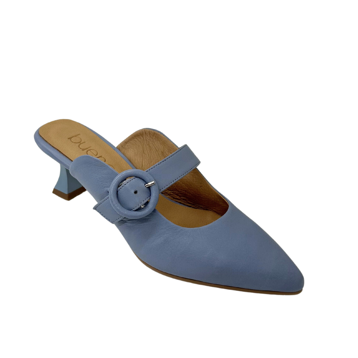 Angled front view of a baby blue slide with a closed toe