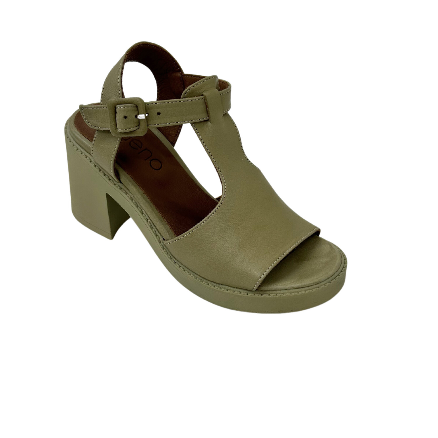 Angled front view of a T-strap sandal with block heel.  Sandal is done as a continuous color from upper to heel