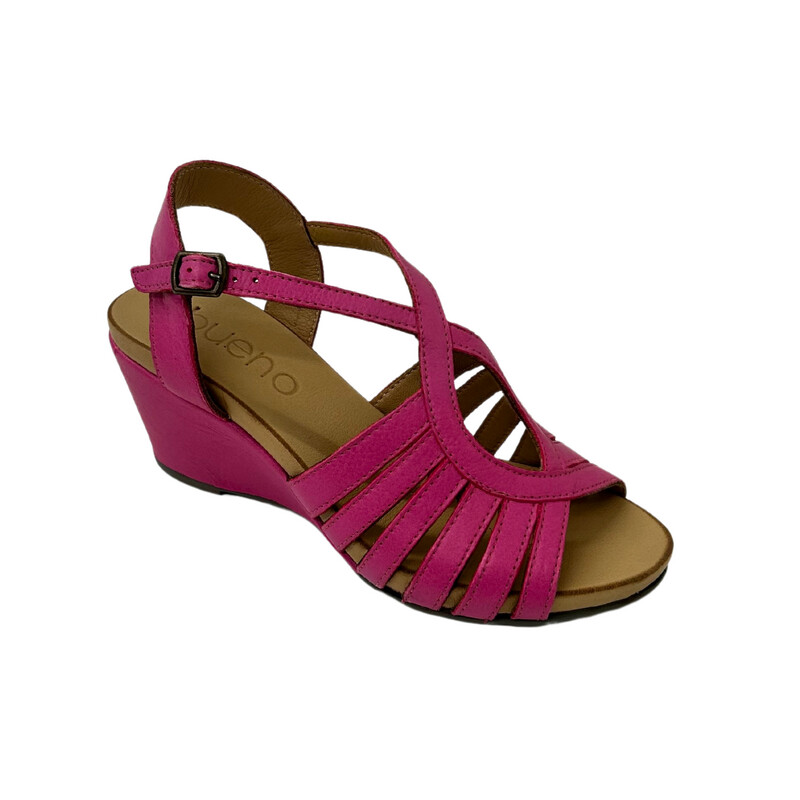 Angled front view of a wedge sandal with multiple straps.  Shown in fuchsia and orange