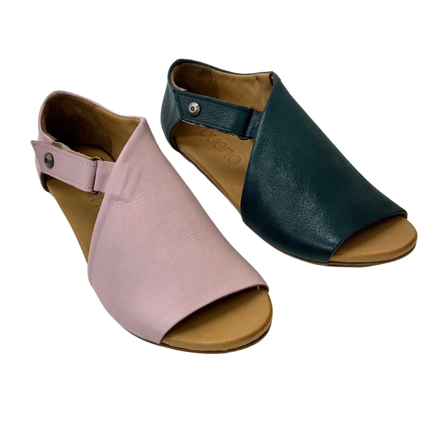 Angled front shot of a flat sandal with great coverage over the foot.  Shown in both  a soft pink and marine blue leather