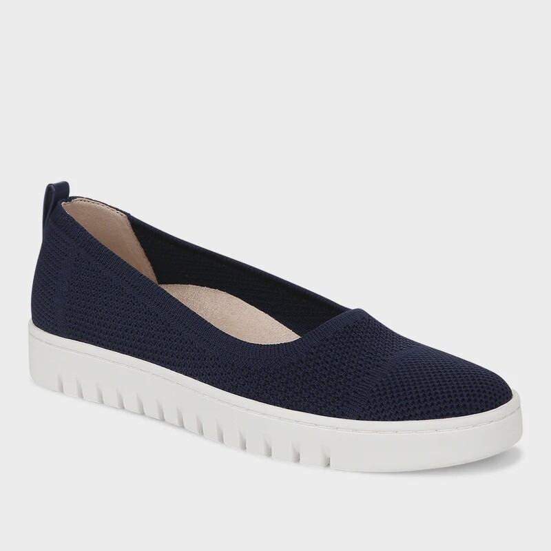 Angled front view of a slip on sneaker style with white sole