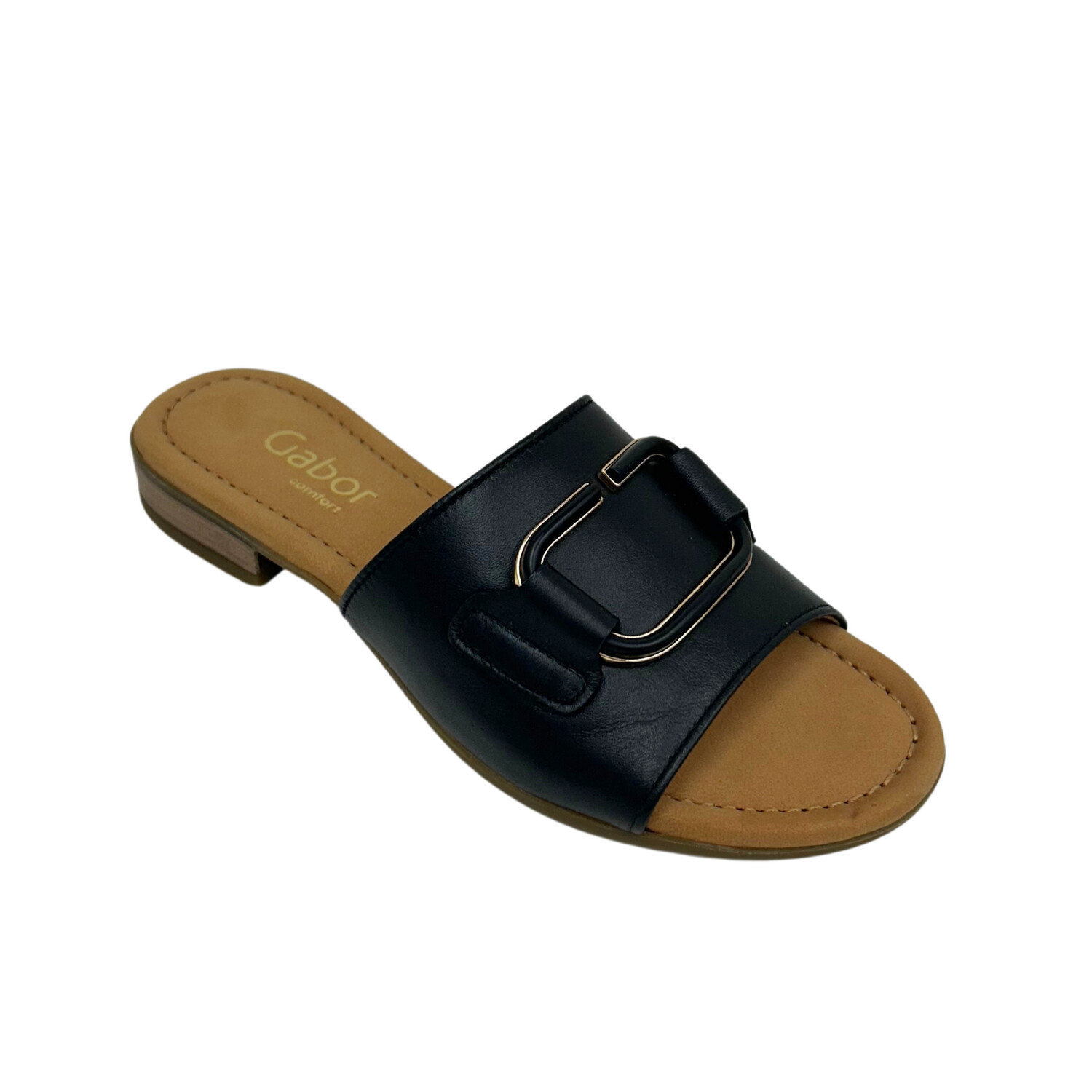 Angled front view of a black leather slide with gold/black detail at forefoot