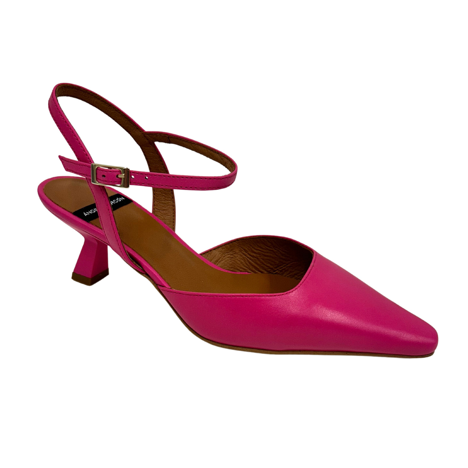 Angled front view of a fuchsia leather shoe with a closed, pointed toe and open heel