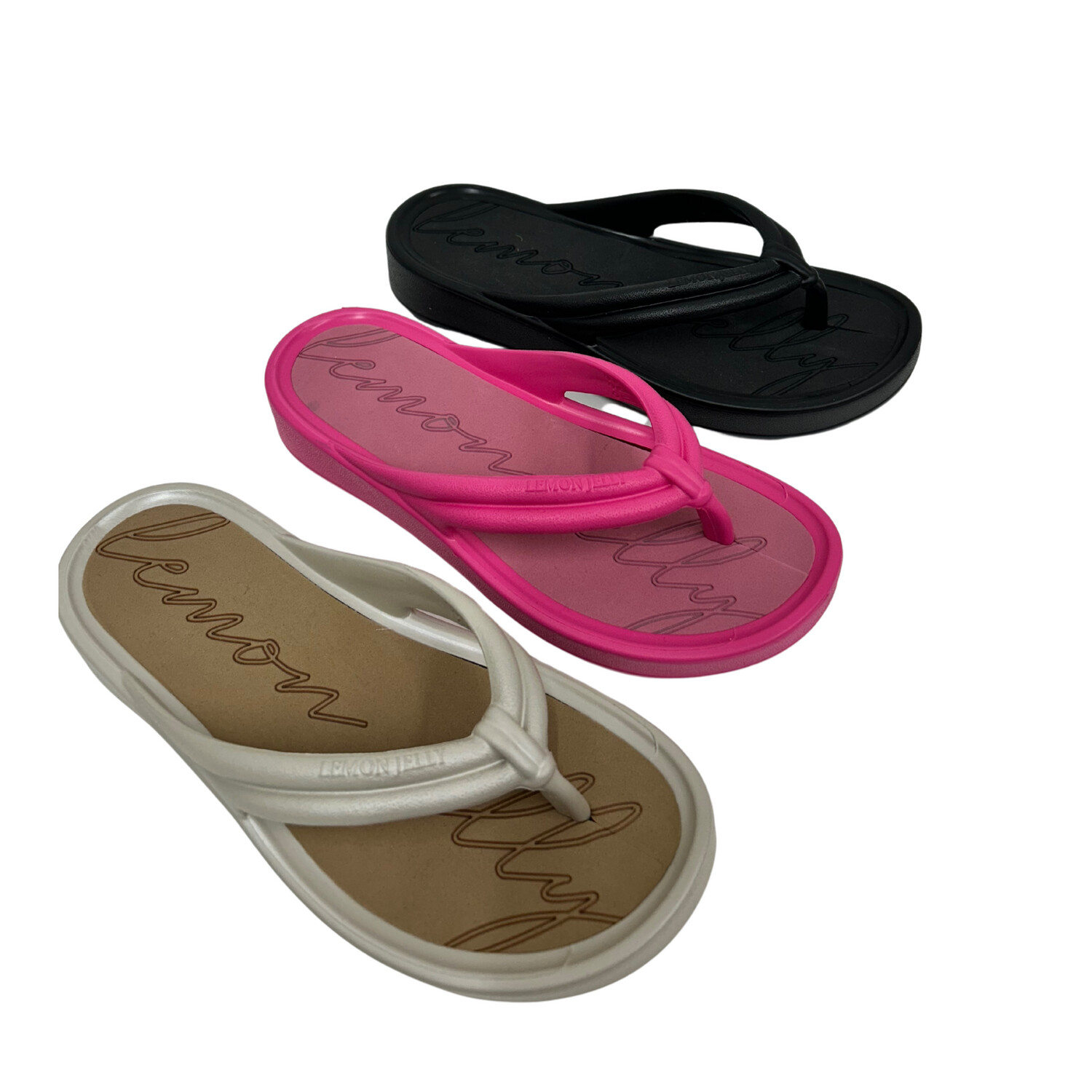 Angled view of a slip on toe post sandal in light grey, fuchsia and black