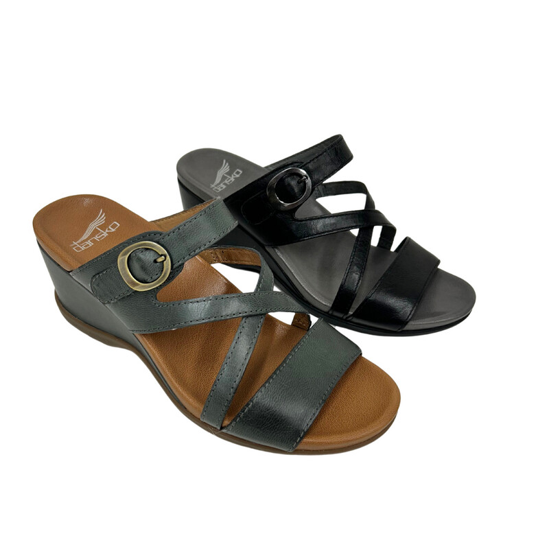Angled front view of a strappy wedge sandal in a denim leather and black leather