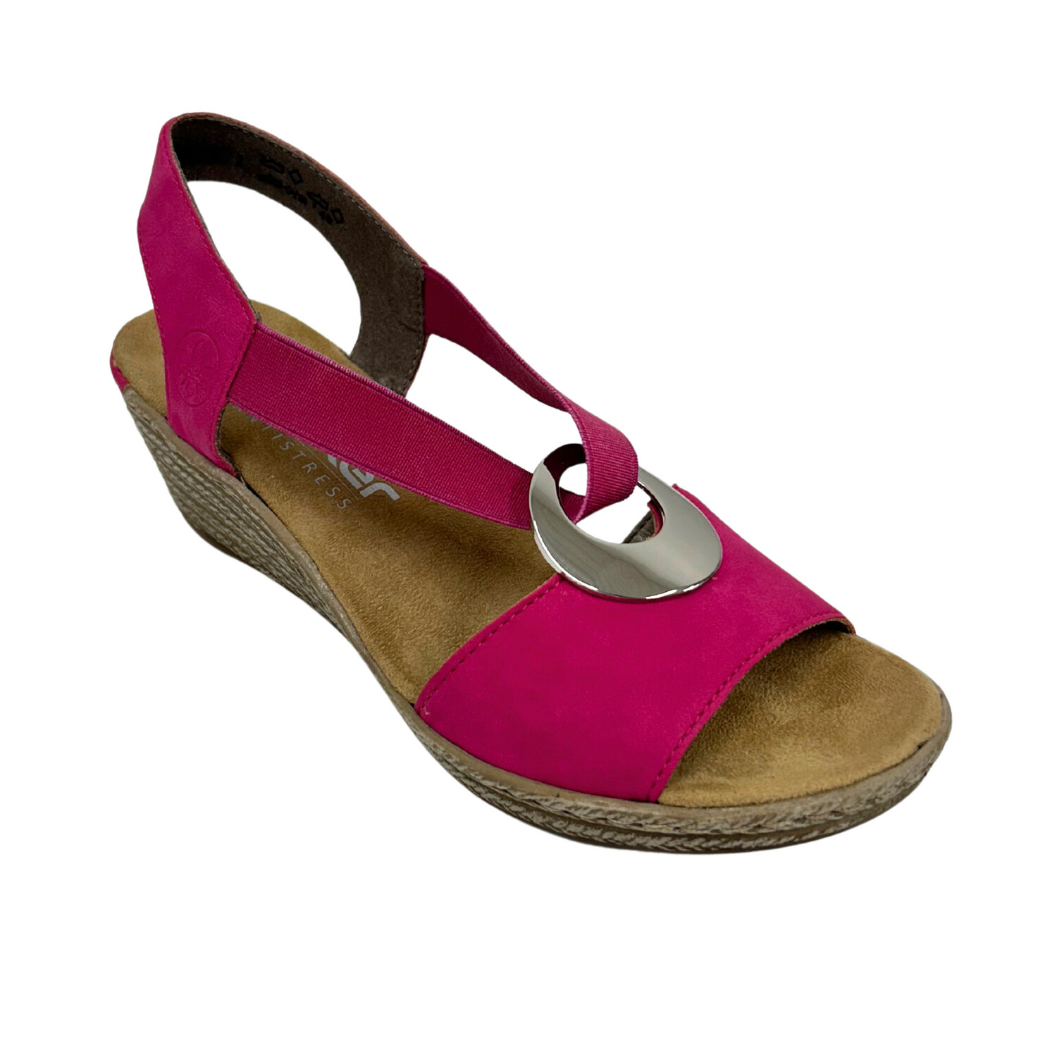 Angled front view of a simple non leather sandal in a fuchsia tone.  Elastic side straps with metallic detail at forefoot