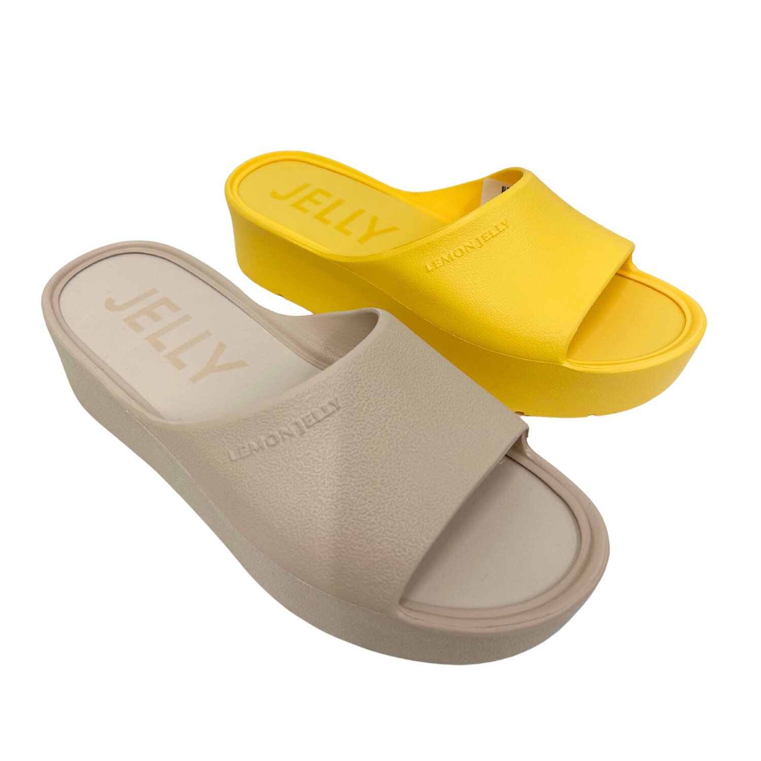 Angled front view of an EVA slip on sandal.  Shown in a neutral taupe and a fun yellow