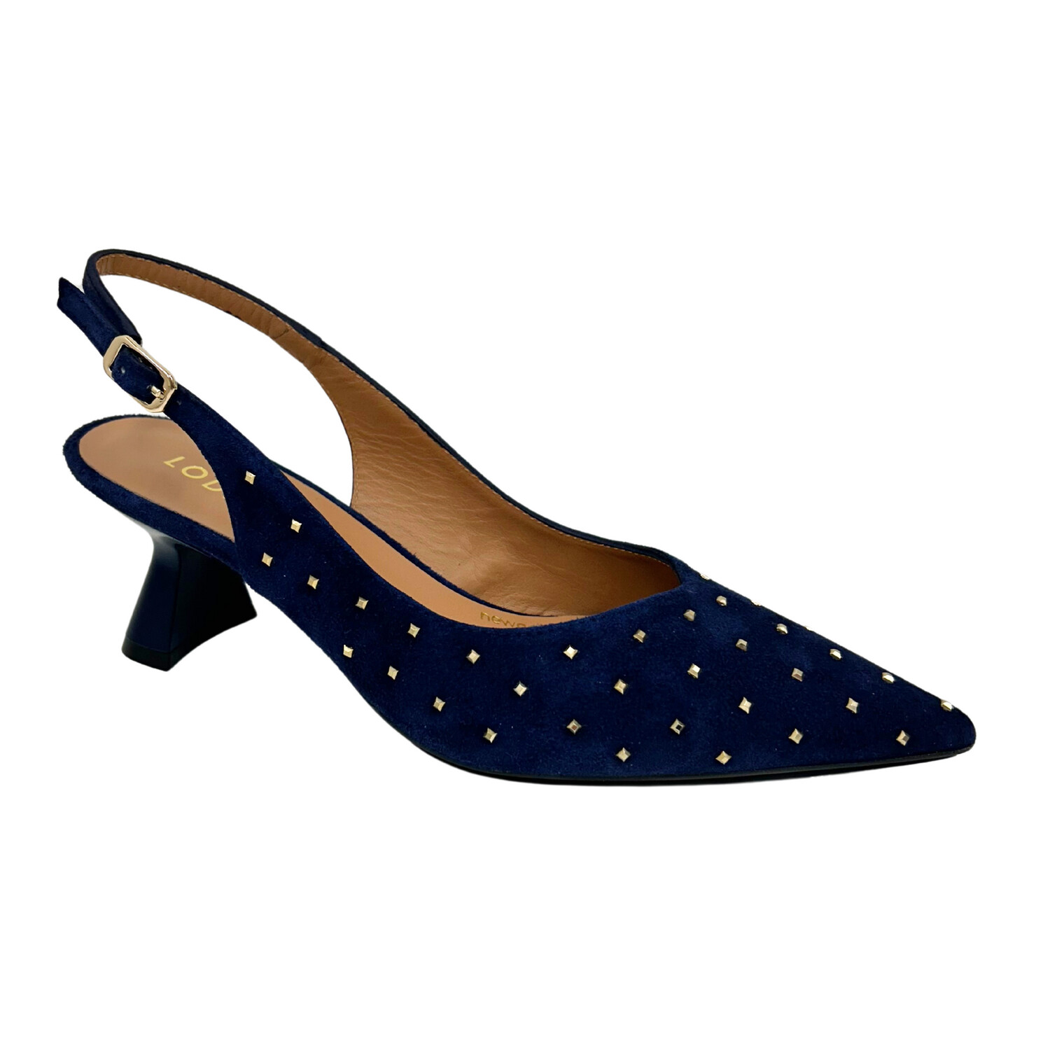 Angled front view of a navy suede slingback with gold pin dot details 