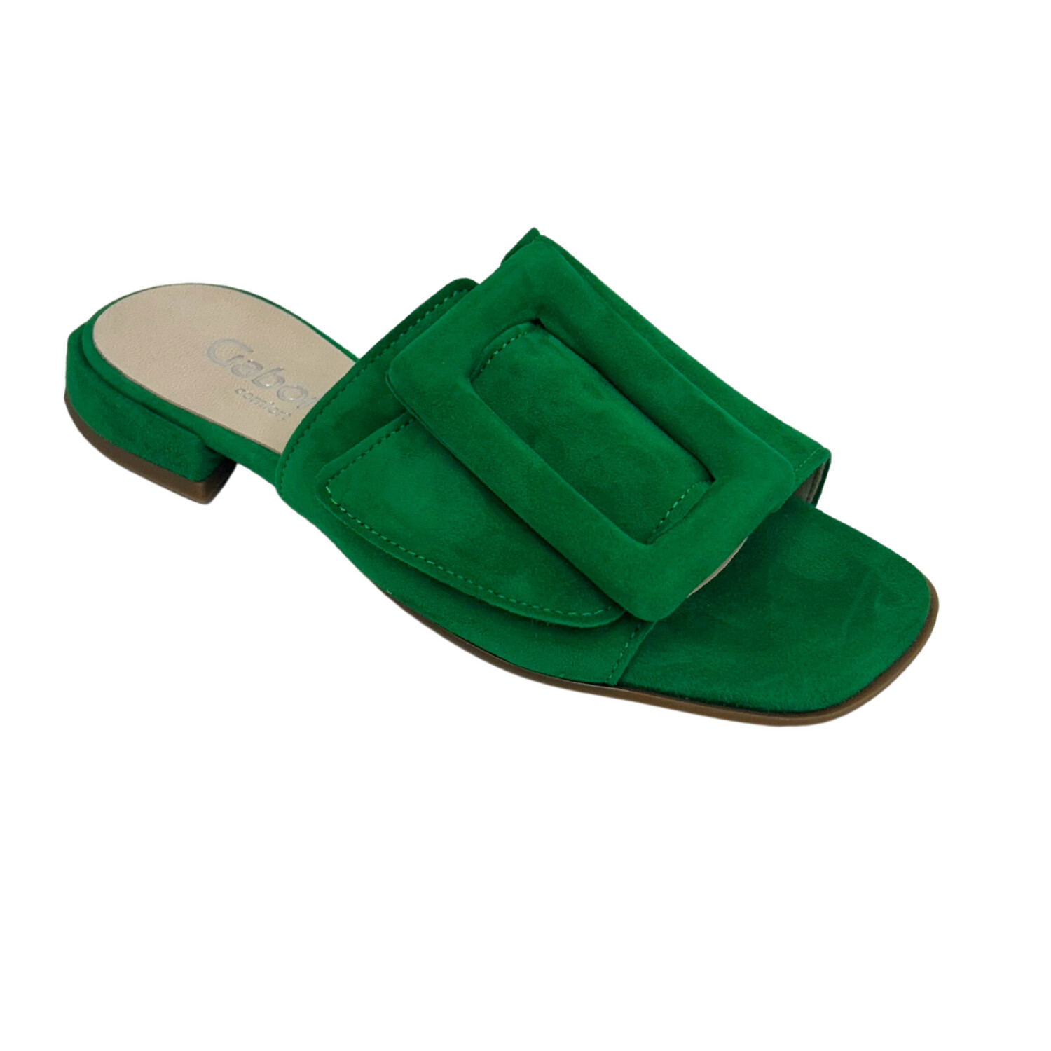 Angled side view of a gorgeous green suede slide with a large buckle in same suede.