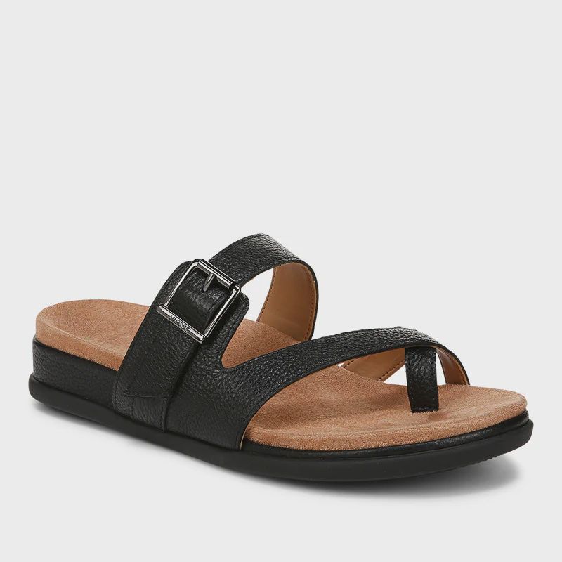 Angled front view of a walking sandal.  Toe loop at front - open toe and heel.
