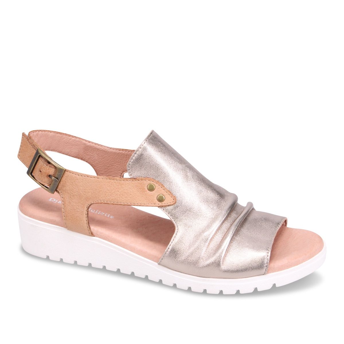 Outside view of a summer sandal with open toe and heel.  shown in a platinum leather upper with tan straps.  White outsole.  Shop Django &amp; Juliette Madis.