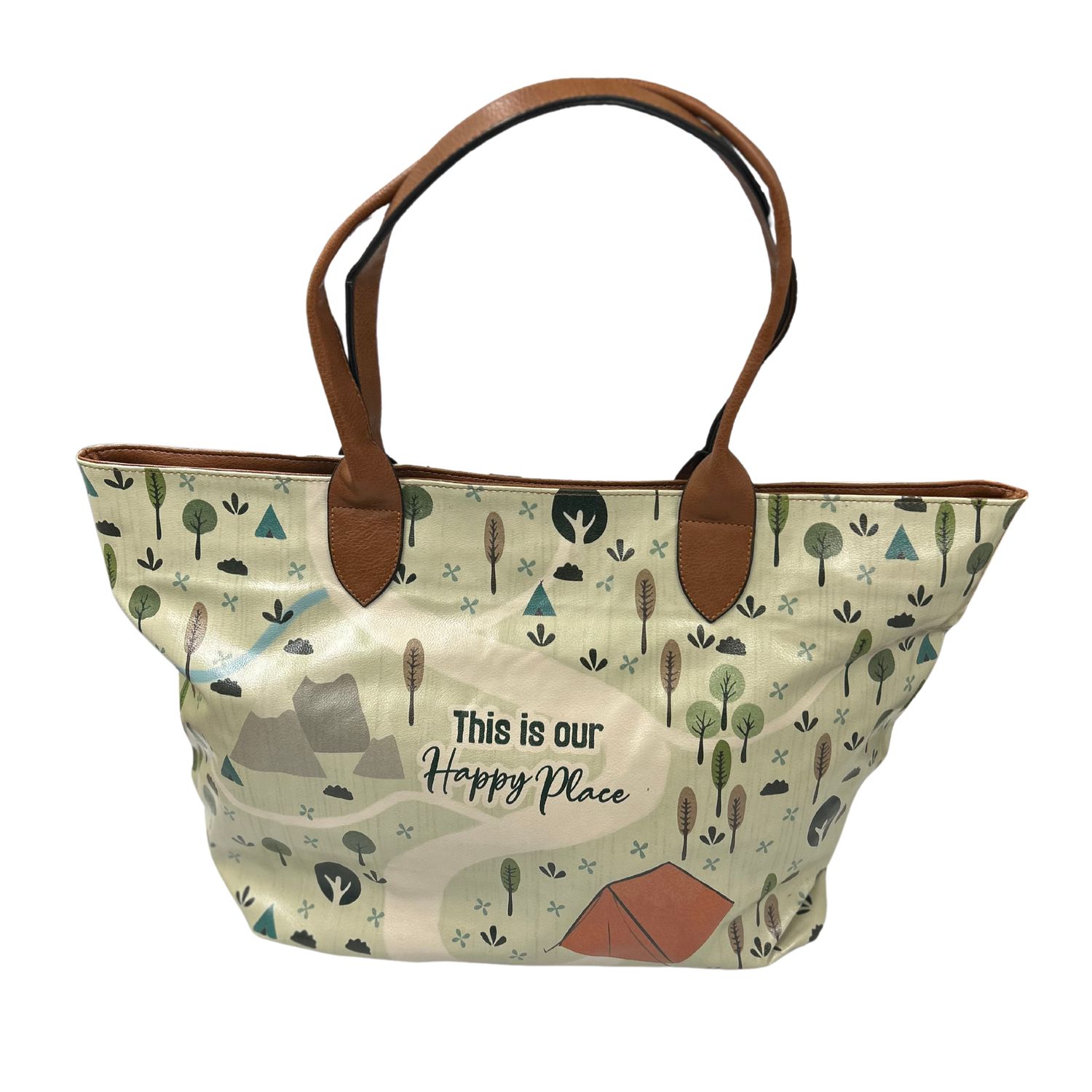 Vegan tote bag in a painted in a fun style with the words &quot;Our Happy Place&quot;