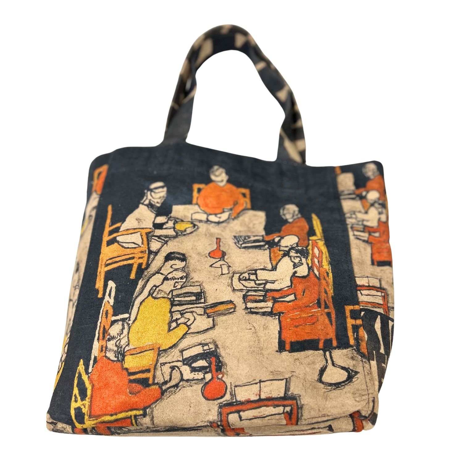 Vegan tote bag with a &#39;supper&#39; motif.  Base is black with the painted portion a tan with yellow and orange.