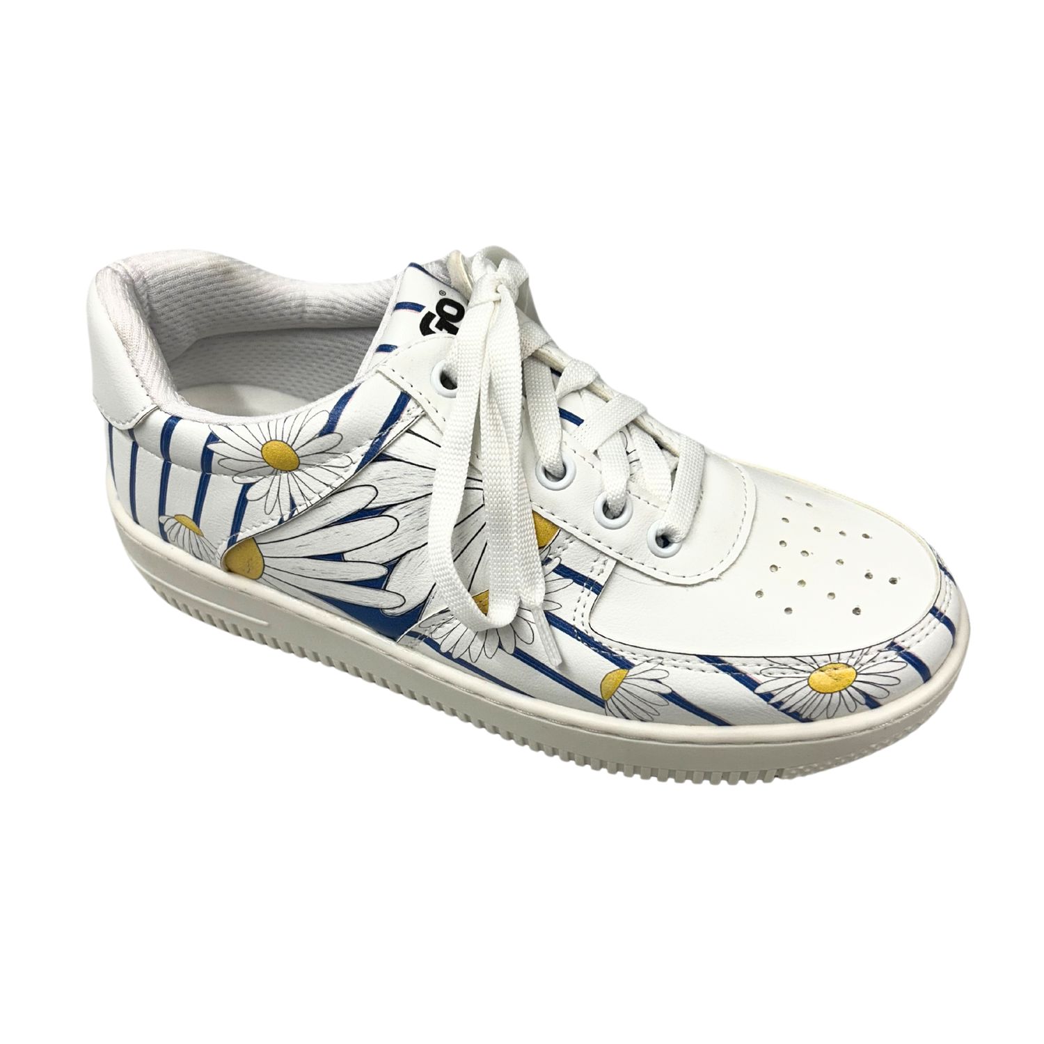 Angled front view of a white vegan sneaker with a painted daisy pattern
