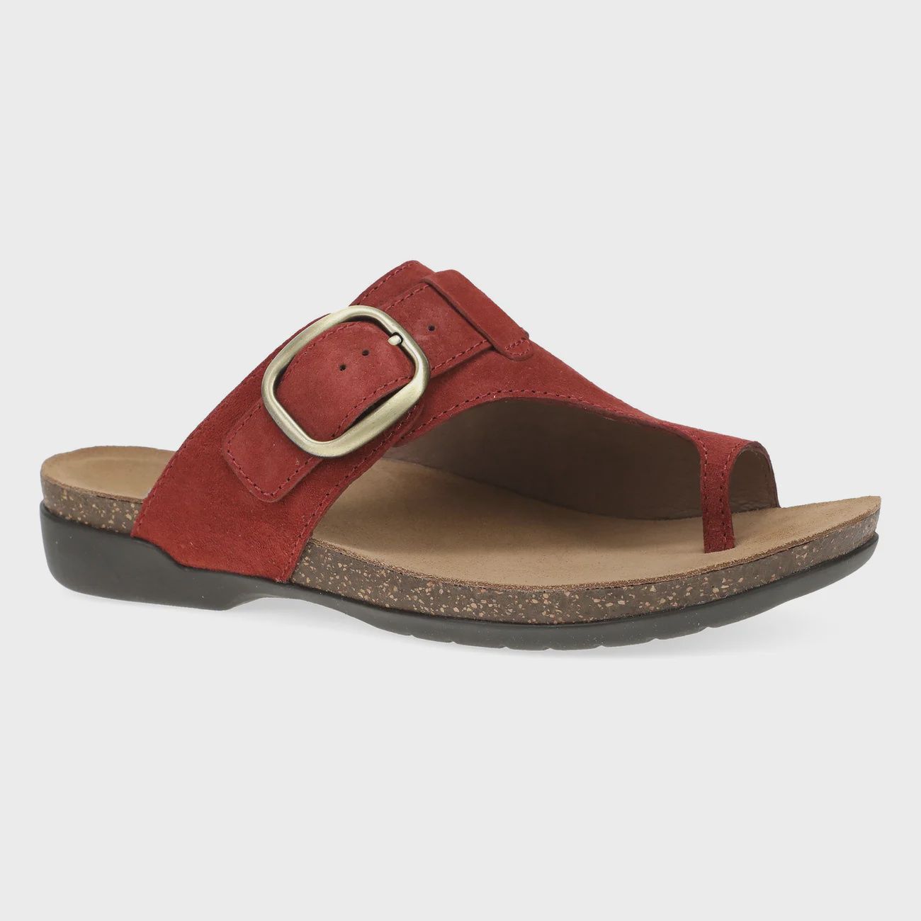 Angled front view of a toe loop slide sandal.  Adjustable buckle at the top of foot.