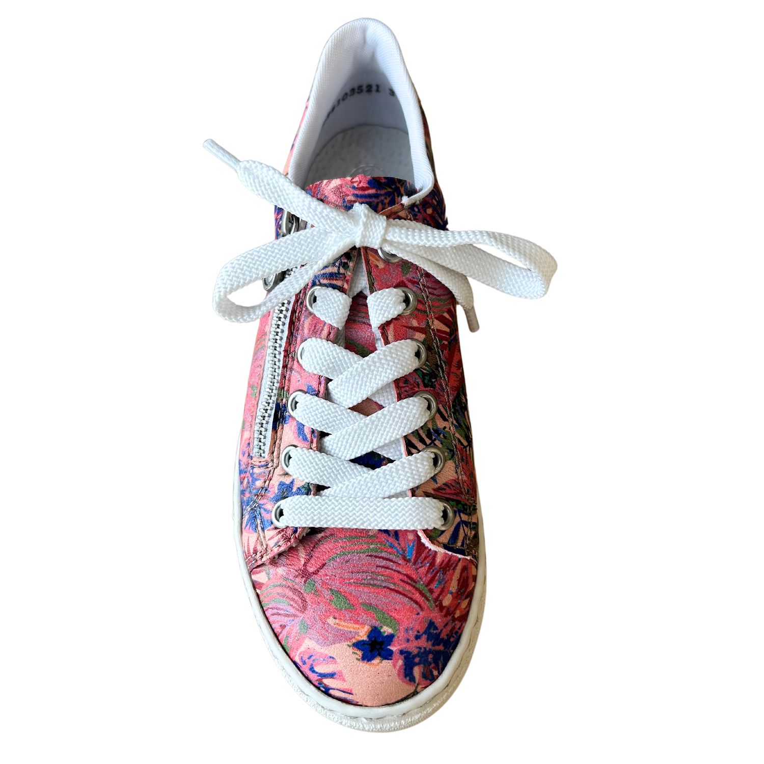 Top down view of a sneaker in a bright pink, tropical pattern.  White laces in front and side zipper