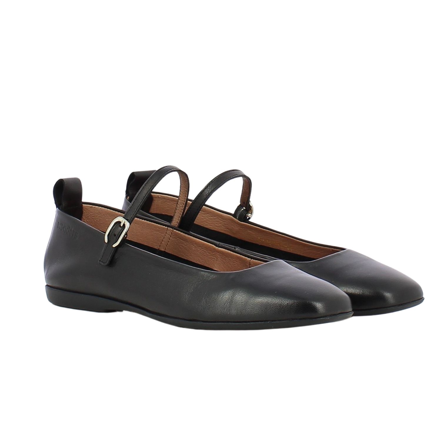 Angled front view of a pair of ballet flats in a super soft black leather.  Top strap is adjustable.