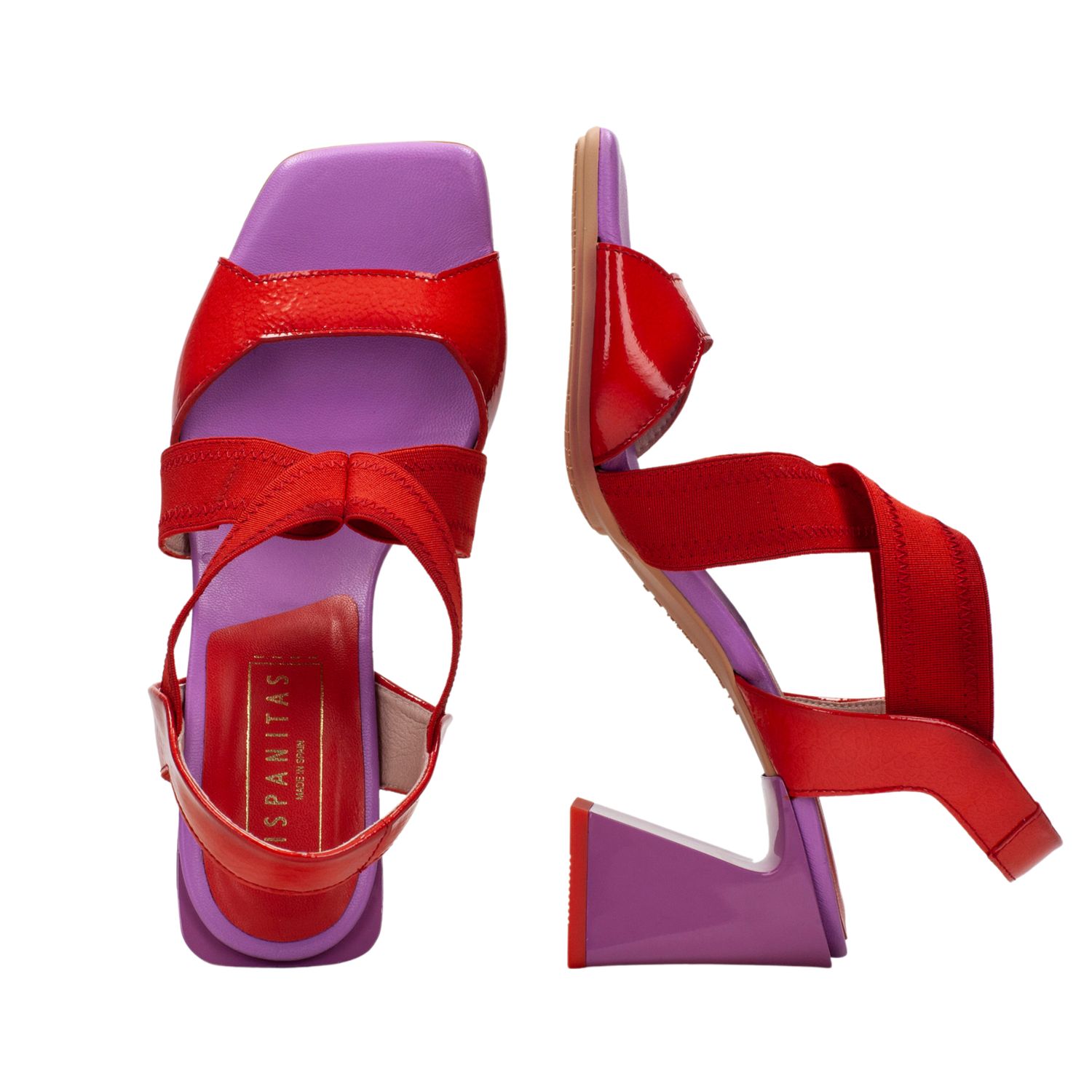 A pair of dressy sandals in a red/lilac leather combination.  